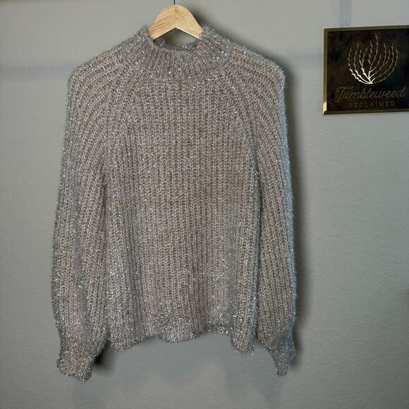 See and Be Seen Women's Silver Metallic and Tan Eyelash Sweater Size S - Picture 8 of 10